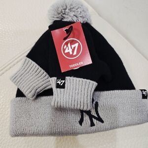 47 Brand NY Blue Gray Kids Beanie with Pom Mittens Toddler Size Boy